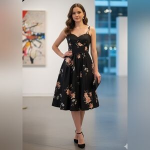 UNIQUE VINTAGE, elegant Black Floral Dress.